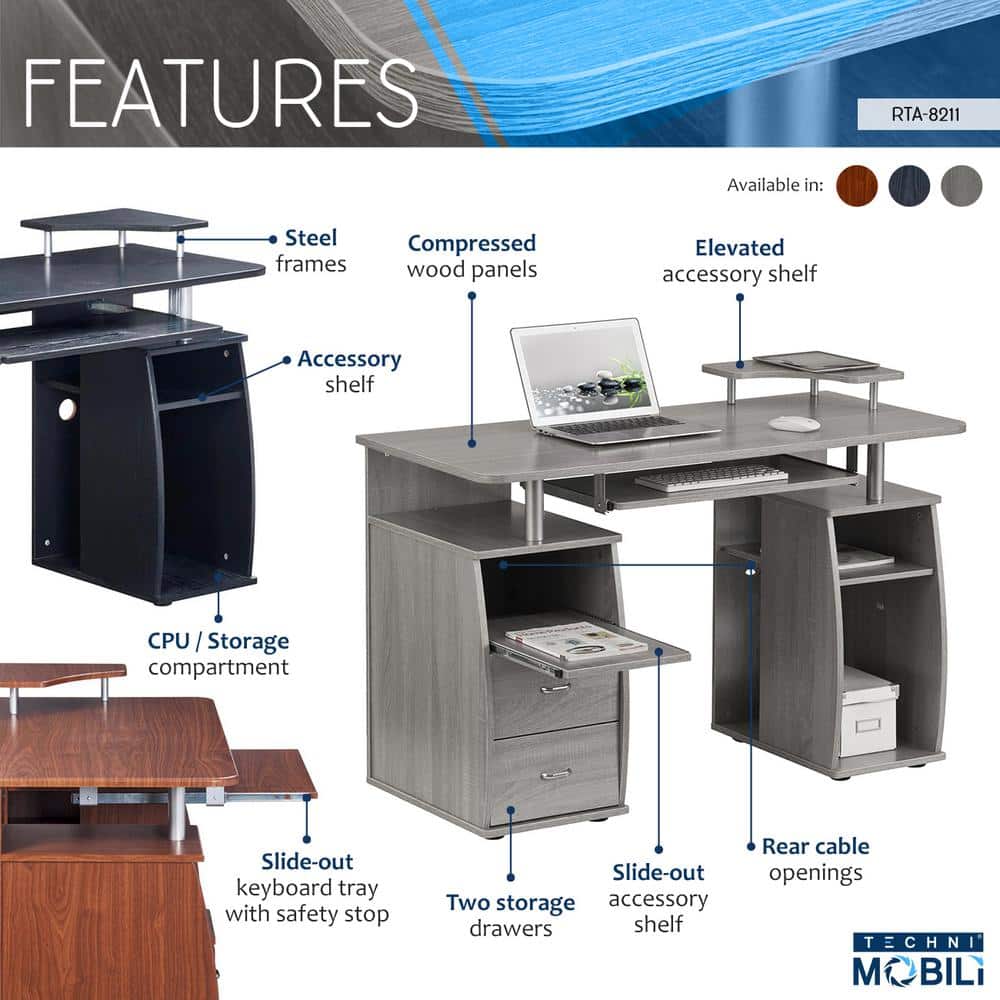 Espresso Finish Workstation Desk with Integrated Storage and Keyboard Tray
