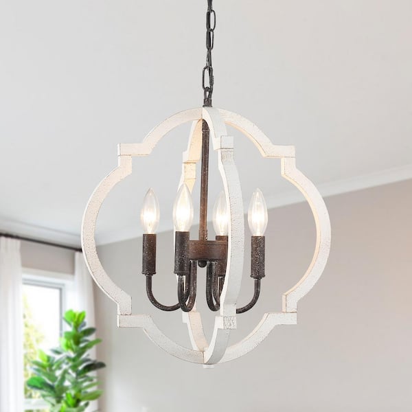 LWYTJO Tieton 4-Light Antique Brown Vintage Orb Wood Chandelier Rustic Farmhouse Candlestick Geometric Kitchen Island Pendant