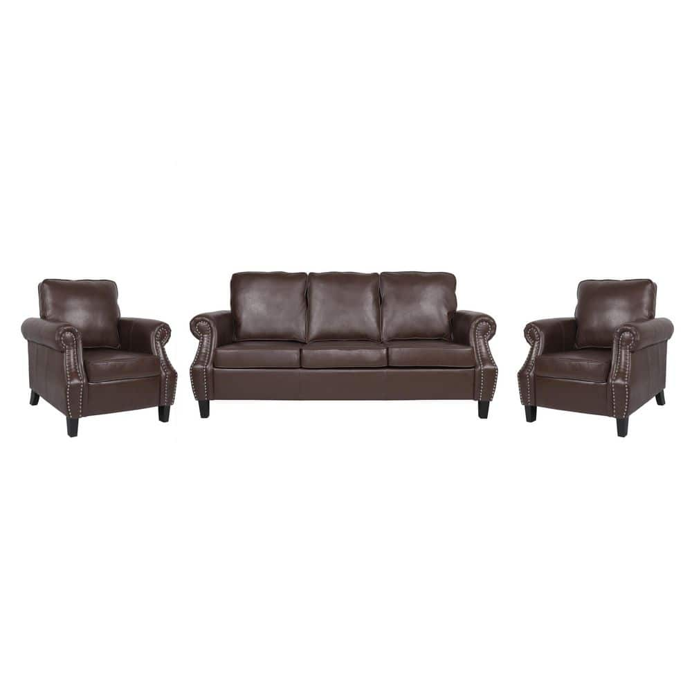 Amedou 3-Piece Faux Leather top Dark Brown Club Chair and Sofa Set -  Noble House, 109170