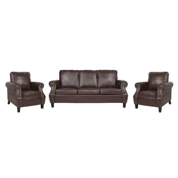 Noble House Amedou 3-Piece Faux Leather top Dark Brown Club Chair and Sofa Set