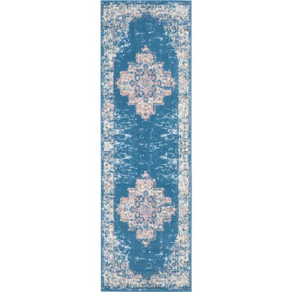Nourison Grafix Blue 2 ft. x 6 ft. Center medallion Transitional Runner Area Rug