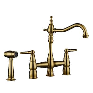 4 Hole Double Handle Bridge Kitchen Faucet with Side Sprayer Deck Mount in Gold