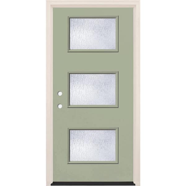 Builders Choice 36 in. x 80 in. Right-Hand/Inswing 3-Lite Rain Glass Cypress Painted Fiberglass Prehung Front Door w/4-9/16 in. Frame