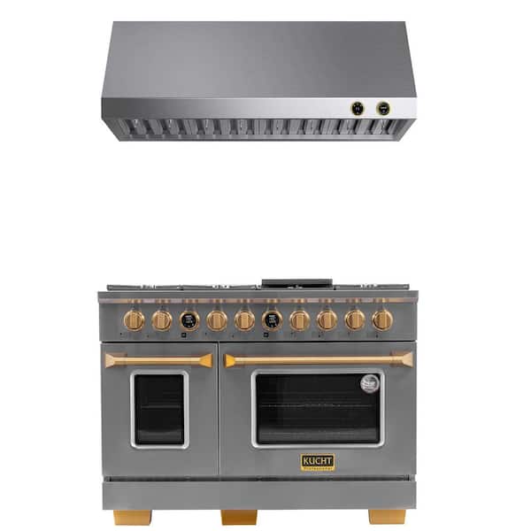 Kucht 48" 6.7 cu. ft. 8-Burner Double Oven Dual Fuel Range Natural Gas in Stainless Steel & Gold Plus Under Cabinet Range Hood