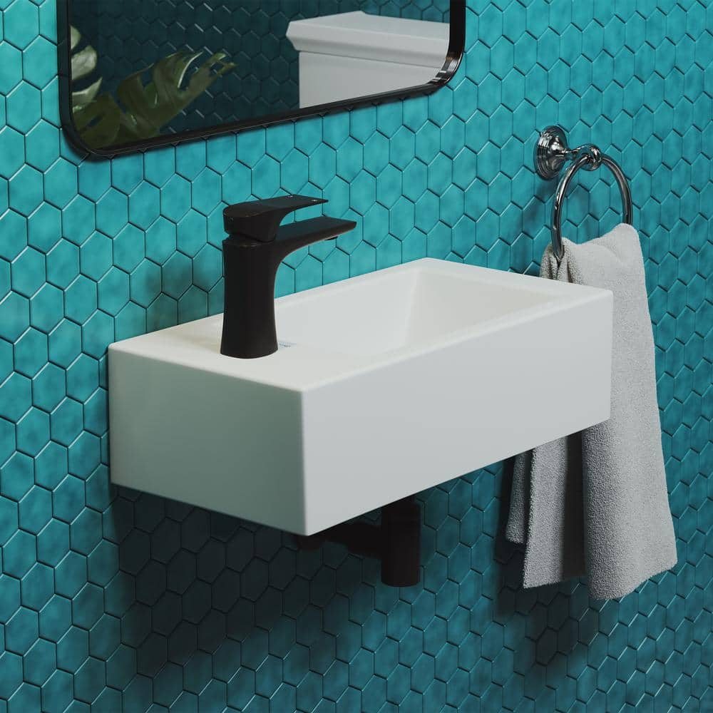 Glossy White Rectangular Ceramic Wall-Mount Sink with Left Faucet