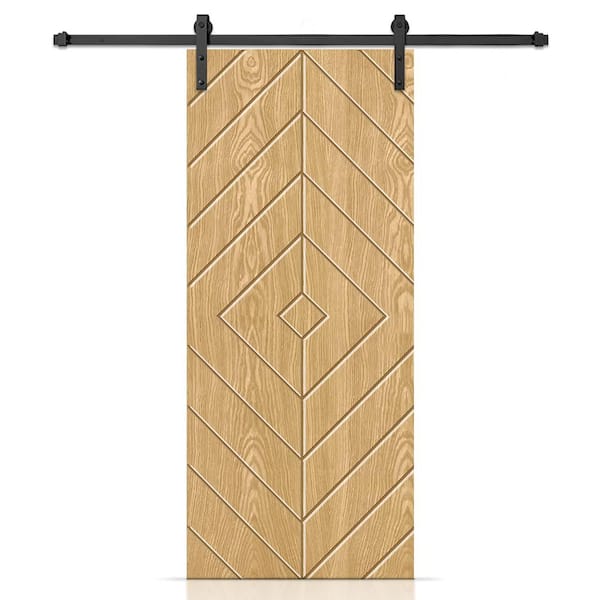 CALHOME 24 in. x 84 in. Diamond Hollow Core Weather Oak Oak Veneer Composite Interior Sliding Barn Door with Hardware Kit