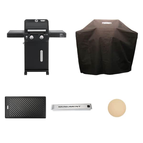 Mesa 2-Burner Black Gas Grill with LED Controls, 43 in. Cover, Cast Iron Plate, Smoke Box and Pizza Stone