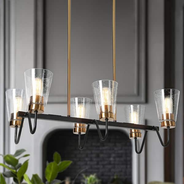 Zevni Transitional 6-Light Brass-Plated and Black Island Chandelier with Seeded Glass, Vintage Black Pendant Light Fixture