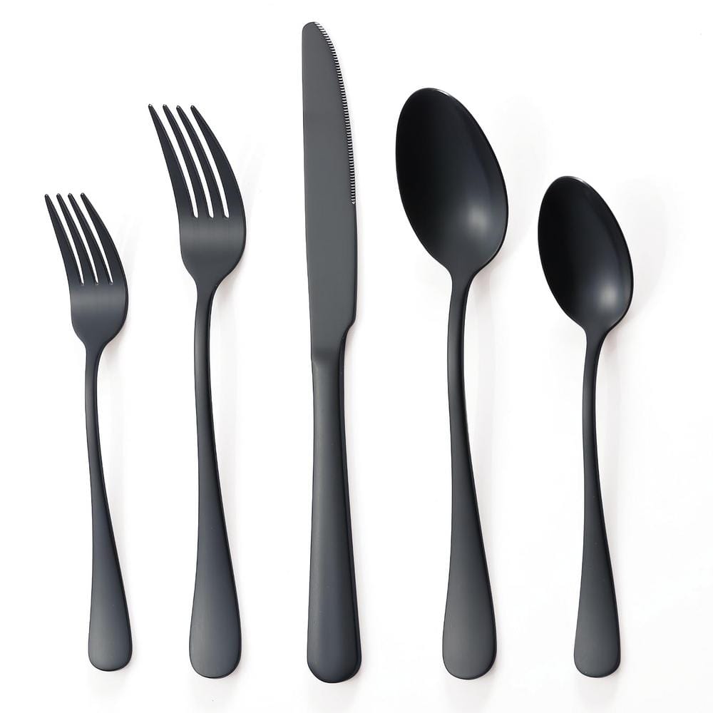 20-Piece Stainless Steel Flatware Serving Set-Matte Black Service for 4, Fl