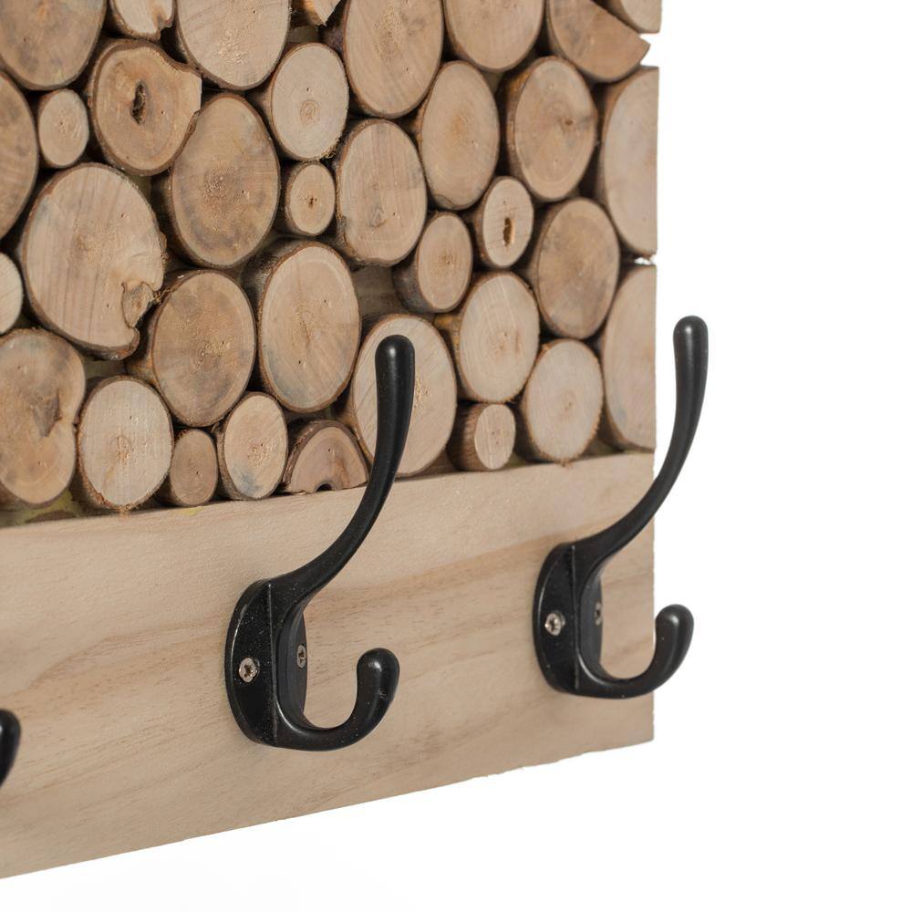 Natural Wood Rustic Hook Rack with Five Black Hooks