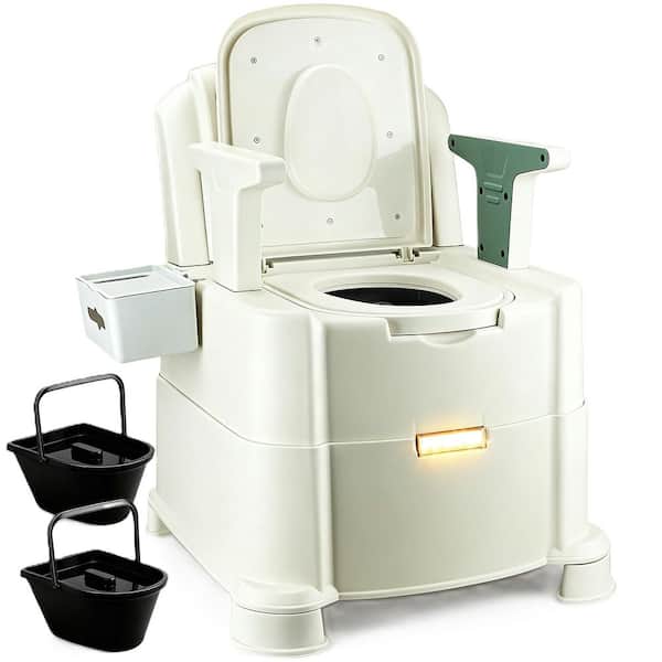 Portable Camping Toilet Seat, Detachable Armrests, Automatic LED Light, 2-Level Height, 3 Rolls of Commode Liners