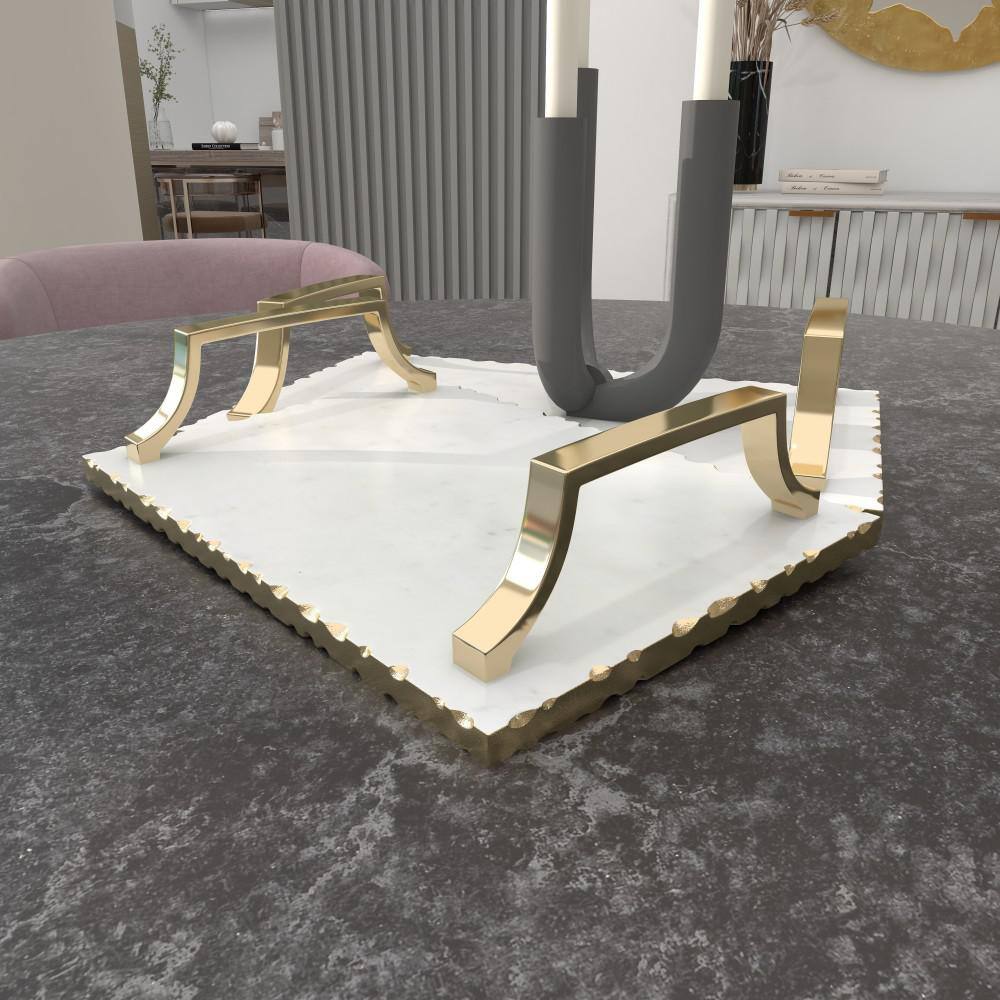 Gold and White Ceramic Rectangular Tray Set with Metal Handles