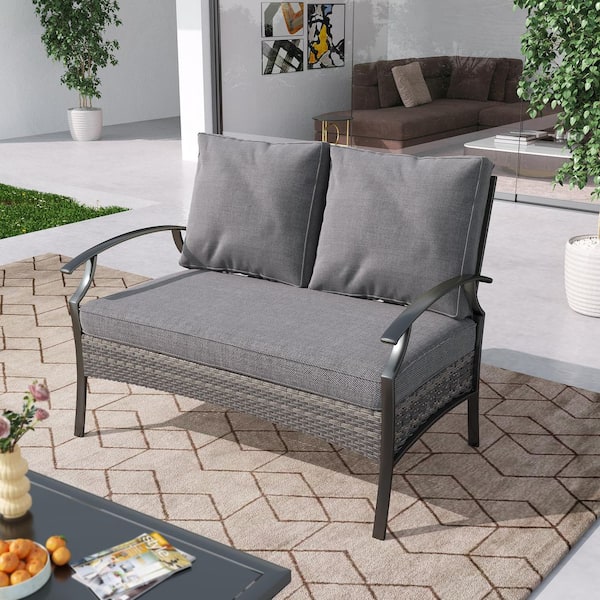 Black Metal Outdoor Patio Loveseat with Gray Cushion