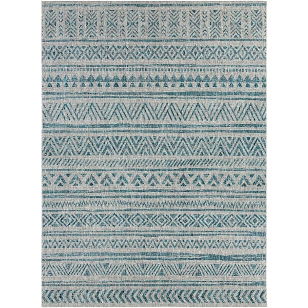 Eartha Aqua/Taupe 8 ft. x 10 ft. Indoor/Outdoor Patio Area Rug