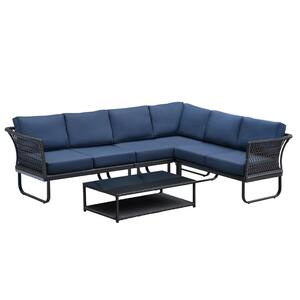 6 Seater Gray Hand-woven Rattan Metal Patio Outdoor Sectional Conversation Set with Navy Blue Cushions, Coffee Table