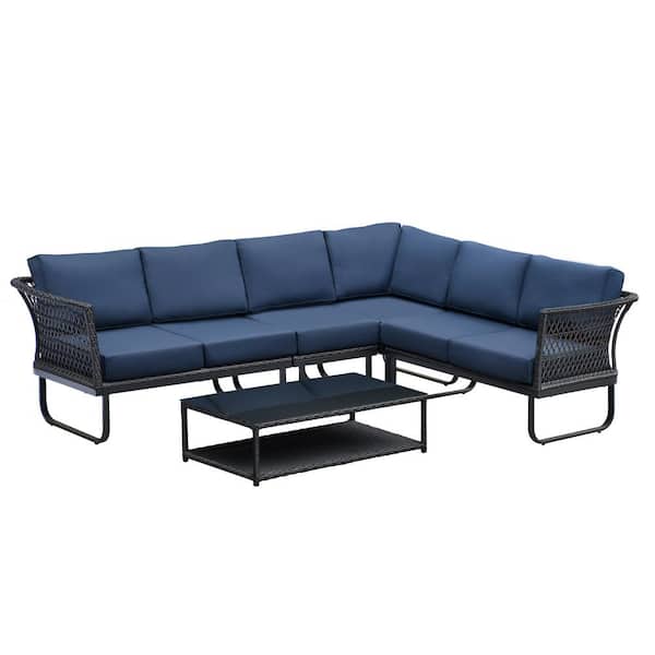 Zeus & Ruta 6 Seater Gray Hand-woven Rattan Metal Patio Outdoor Sectional Conversation Set with Navy Blue Cushions, Coffee Table