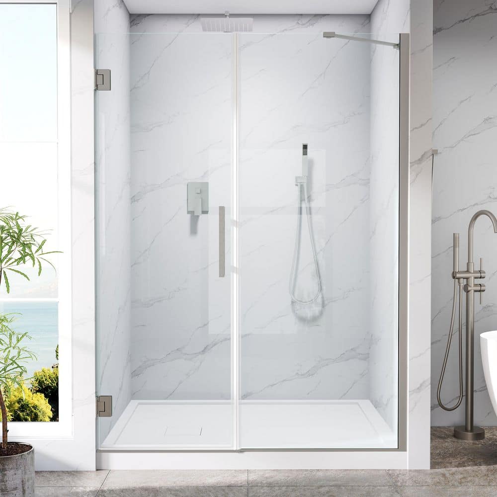 "UNIFIT 54-55 in. W x 72 in. H Hinged Frameless Shower Door in Brushed Nickel with 3/8"" SGCC Clear Tempered Glass" price history on PriceWatchPro
