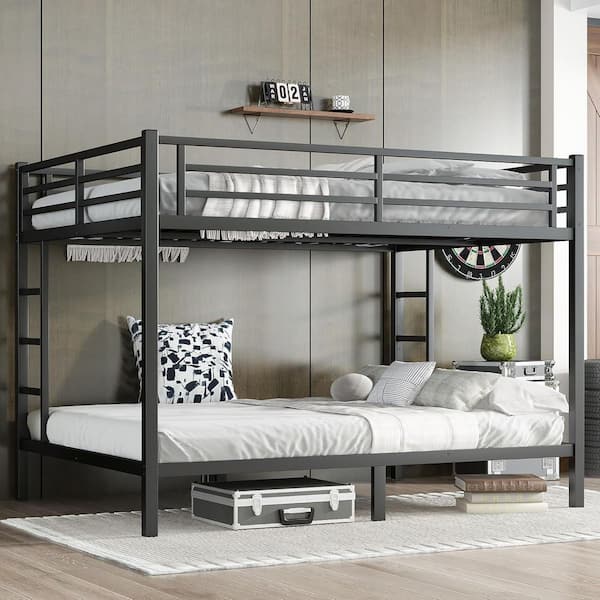 URTR Black Queen Over Queen Size Bunk Bed Set Heavy-Duty Metal Bunk Bed Frame with Ladders and Guardrails for Adult, Teens