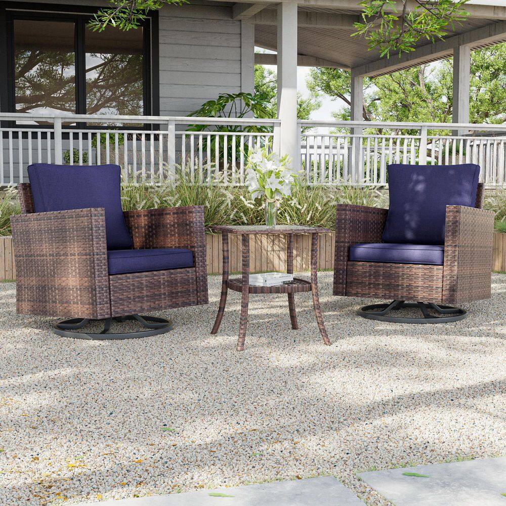 3-Piece Brown Wicker Patio Bistro Set Swivel Rocking Chairs with Side Table, Navy Blue price history on PriceWatchPro
