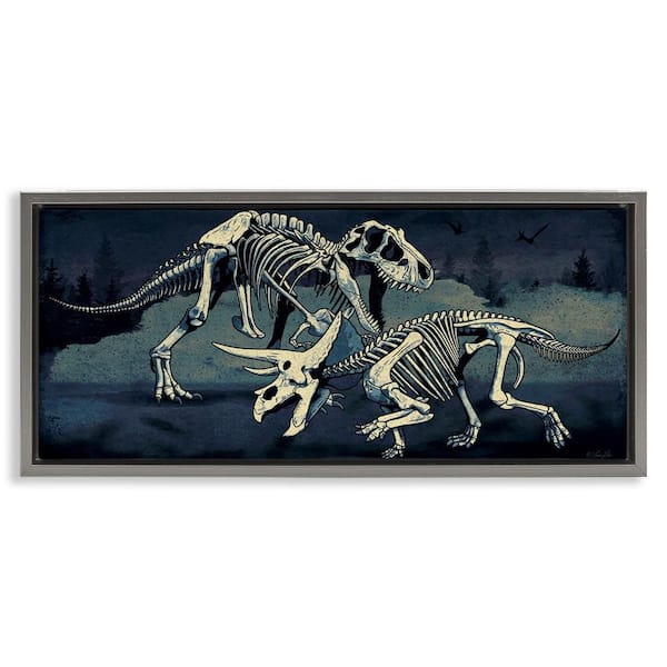 Stupell Industries Dinosaur Skeletons Duo by Lauren Rader Gray Floater Frame Animal Graphic Art Print 14 in. x 31 in.