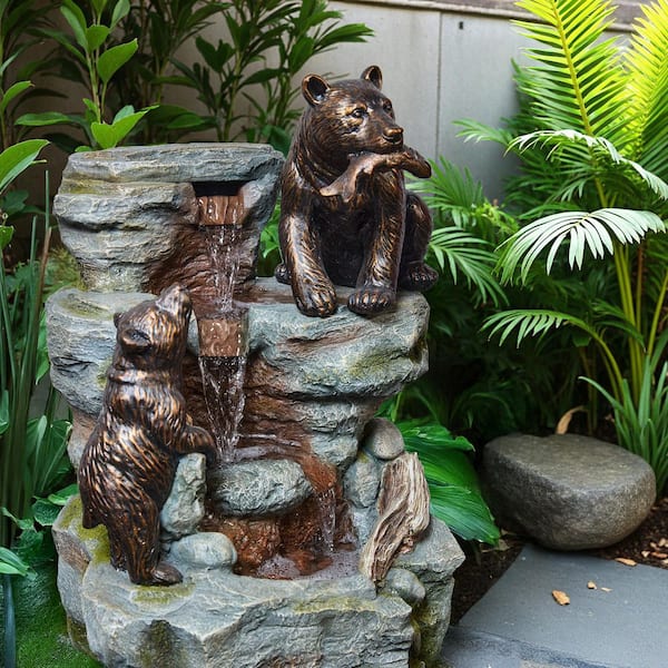 vbal 22 in. Polyresin Outdoor 2 Bears Climbing on Rainforest Water