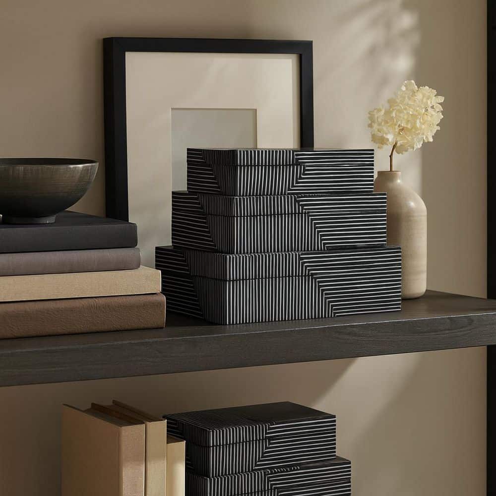 10/11/12 in. Blue Wood and Resin Pinstripe Design Decorative Box (Set of 3)