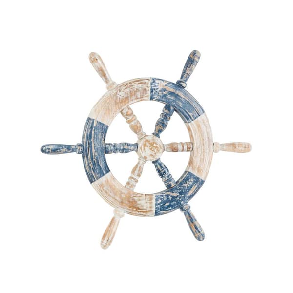 Litton Lane Wood Blue Distressed 2-Toned Ship Wheel Wall Art Decor with Brown Accents