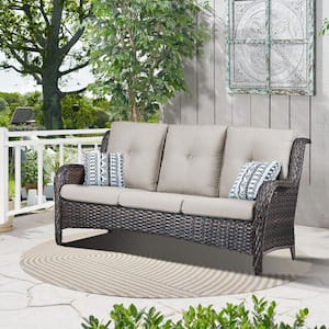 ArcoBay Metal and Brown Wicker Outdoor 3-Seat Sectional Couch Sofa with Olefin Beige Cushions