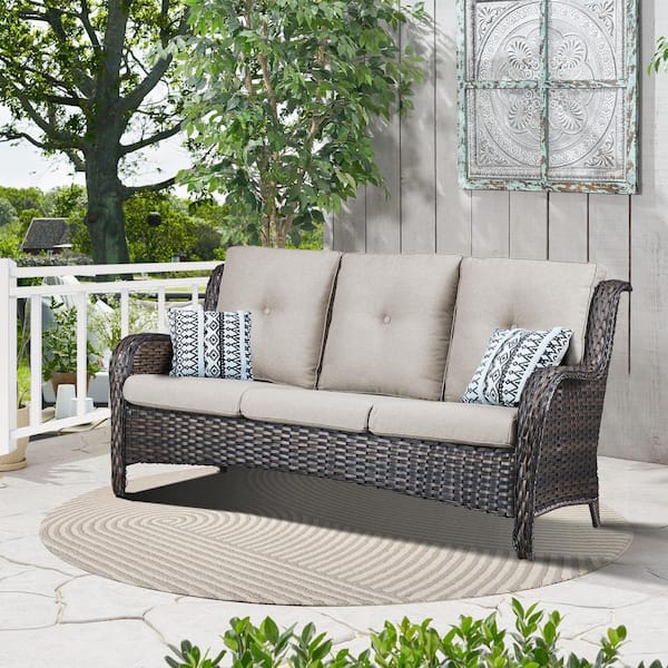 Opohoro ArcoBay Metal and Brown Wicker Outdoor 3-Seat Sectional Couch Sofa with Olefin Beige Cushions