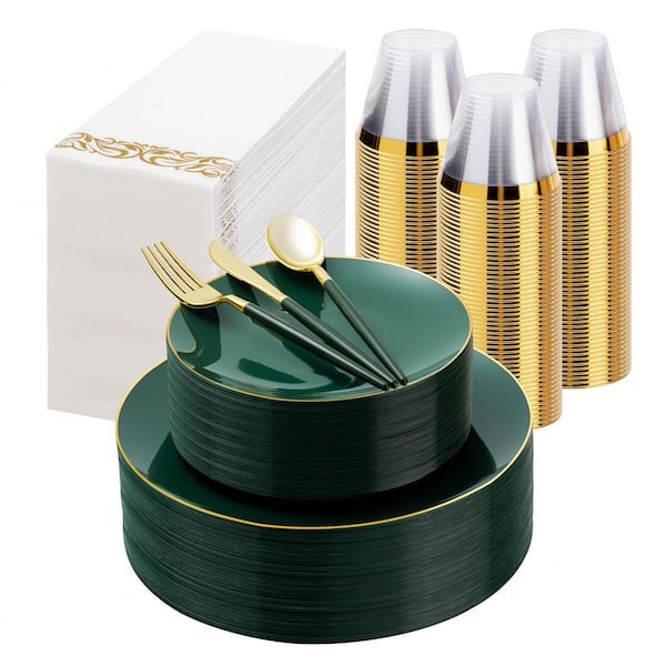 350-Piece Green Gold Plastic Dinnerware Set, Christmas Party Plates, Green Disposable Plates with Cutlery Napkins Cups
