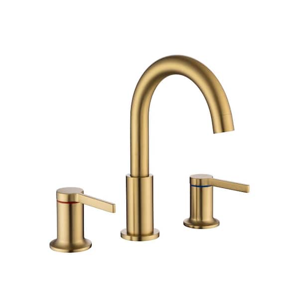 Lukvuzo 8 in. Widespread Double Handle High Arc Bathroom Faucet with Drain Kit Included, Water Supply Line in Brushed Gold
