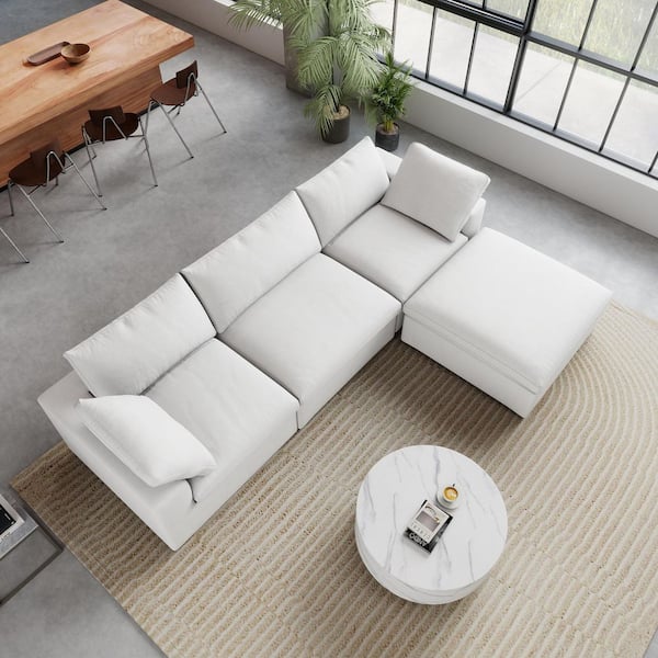 J&E Home 120.45 in. W Square Arm Linen L-Shaped 4-Pieces Modular Free Combination Sofa with Storage Ottoman in White