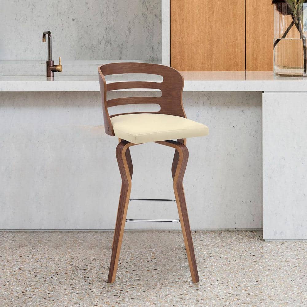 HomeRoots 25 in Cream Low Back Wood Bar Stool with Faux Leather Seat