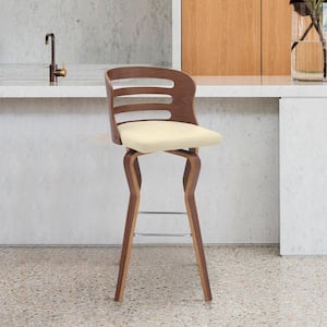 25 in Cream Low Back Wood Bar Stool with Faux Leather Seat