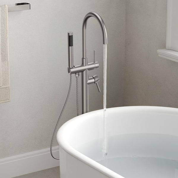 Single-Handle Freestanding Tub Faucet Floor Mounted with Handheld Hand Shower in Brushed Nickel