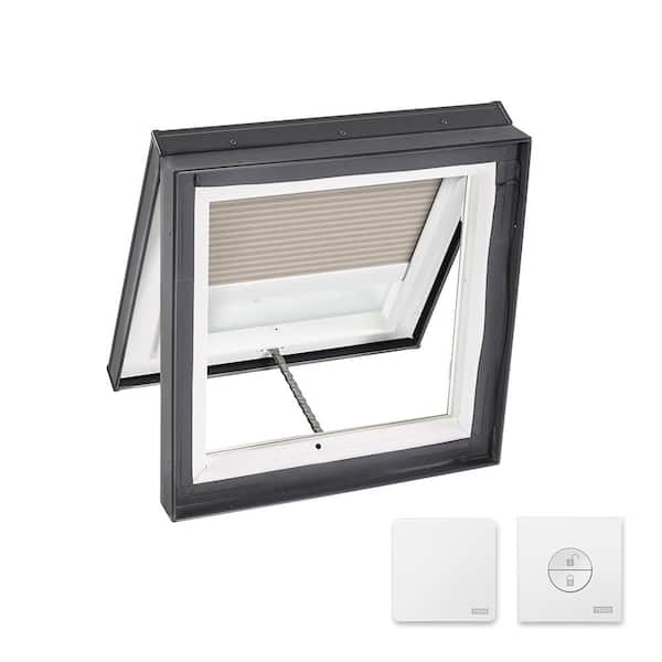 VELUX 46-1/2 x 46-1/2 in. Venting Curb Mount Skylight, Tempered LowE3 Glass, Classic Sand Solar Powered Light Filtering Blind