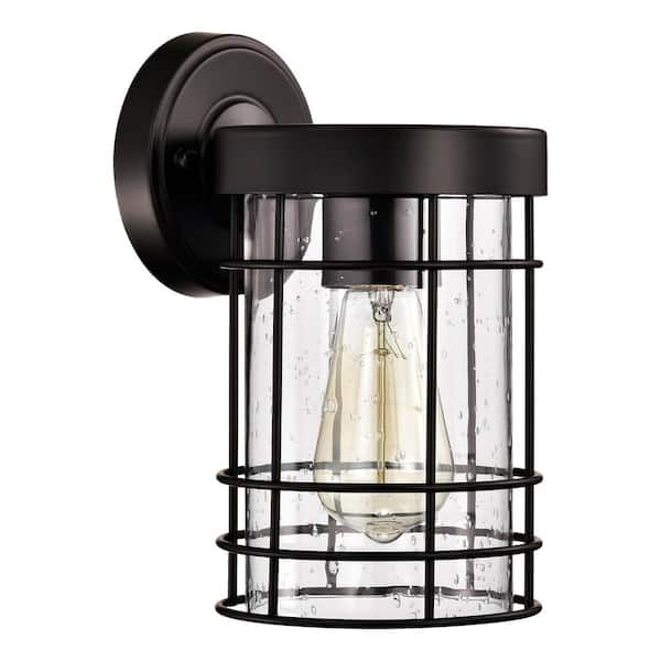 Edvivi Charlton 1-Light Transitional Oil Rubbed Bronze Cage Outdoor Wall Lantern Sconce with Seedy Glass