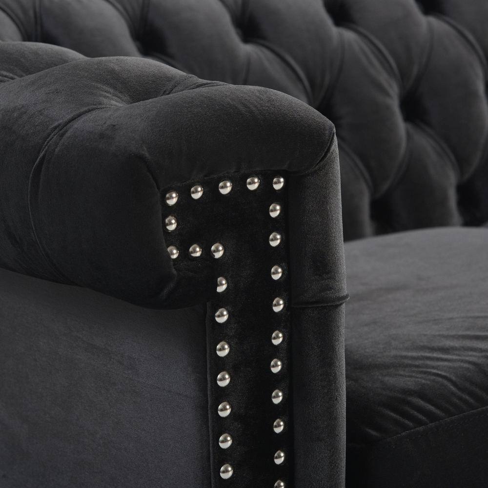 Black Velvet Chesterfield Sofa with Nailhead Trim and Flared Arms
