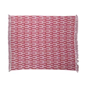 Red and Pink Woven Cotton Throw Blanket with Patterns and Fringe