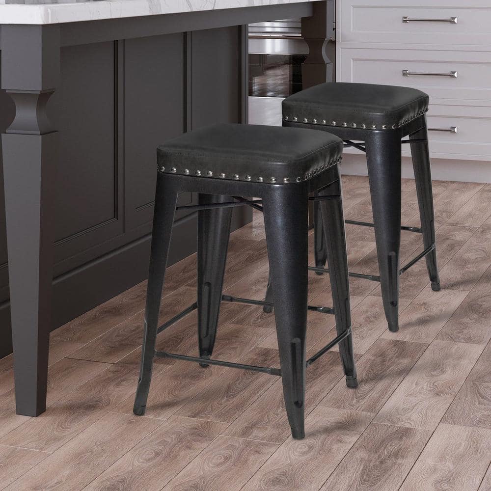 Hank 25" Gray Backless Metal Counter Stools with Faux Leather Seats
