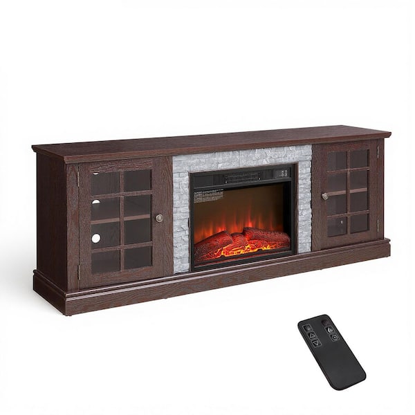 70 in. W Freestanding Wooden with Faux Stacked Stone Surround Large Electric Fireplace TV Stand in Cherry