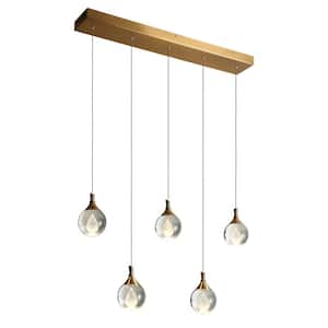 Dsenlupor 5-Light Integrated LED Plating Brass Linear Island Chandelier with Clear Glass