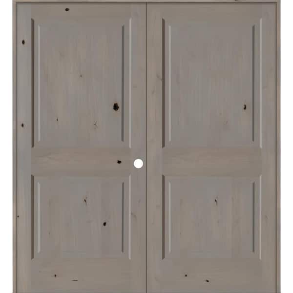 Krosswood Doors 60 in. x 80 in. Rustic Knotty Alder 2-Panel Left-Handed Grey Stain Wood Double Prehung Interior Door with Square-Top