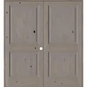 64 in. x 80 in. Rustic Knotty Alder 2-Panel Left-Handed Grey Stain Wood Double Prehung Interior Door with Square-Top