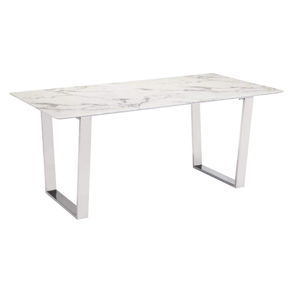 Atlas 70.9'' White Marble Rectangular Dining Table with Silver Base