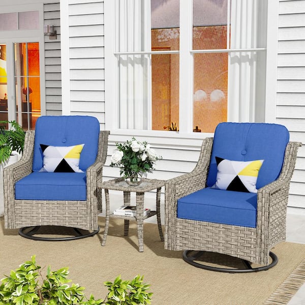 Toject Eureka Grey 3-Piece Wicker Outdoor Patio Conversation Swivel Rocking Chair Seating Set with Navy Blue Cushions