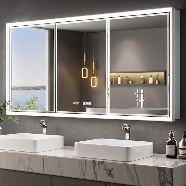 Anglora 60 in. W x 30 in. H LED Beveled Edge Rectangular Aluminum Recessed/Surface Wall Medicine Cabinet with Mirror