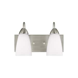 Seville 13 in. 2-Light Brushed Nickel Transitional Modern Wall Bathroom Vanity Light with White Etched Glass Shades