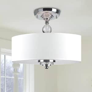 Chloe 16 in. 3-Light Semi-Flush Mount with Crystal Decorated Off-White Shade