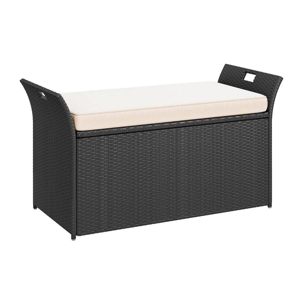 90 Gal. Black Rattan Outdoor Storage Bench with Beige Cushion